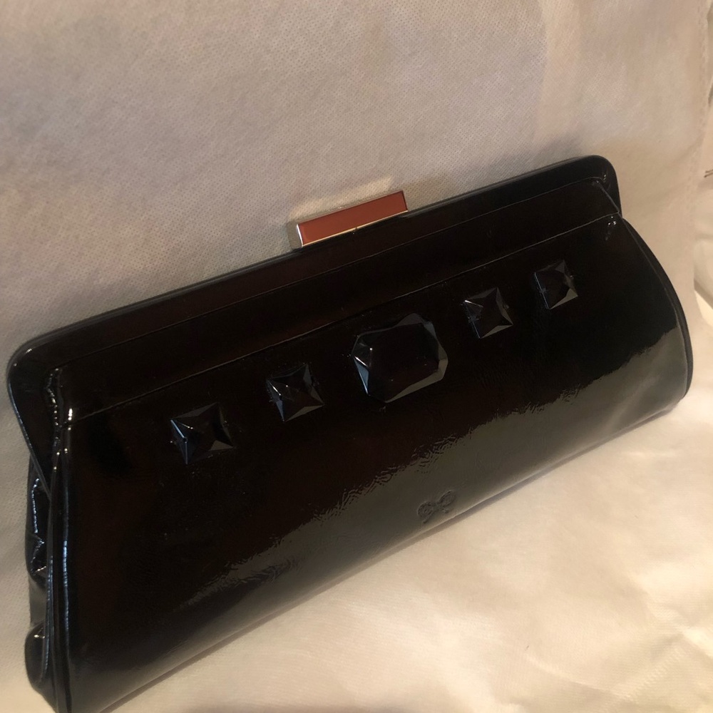 Stunning Anya Hindmarch black patent leather embellished clutch